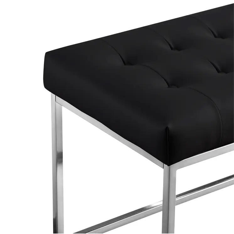 48" Black and Silver Upholstered Faux Leather Bench