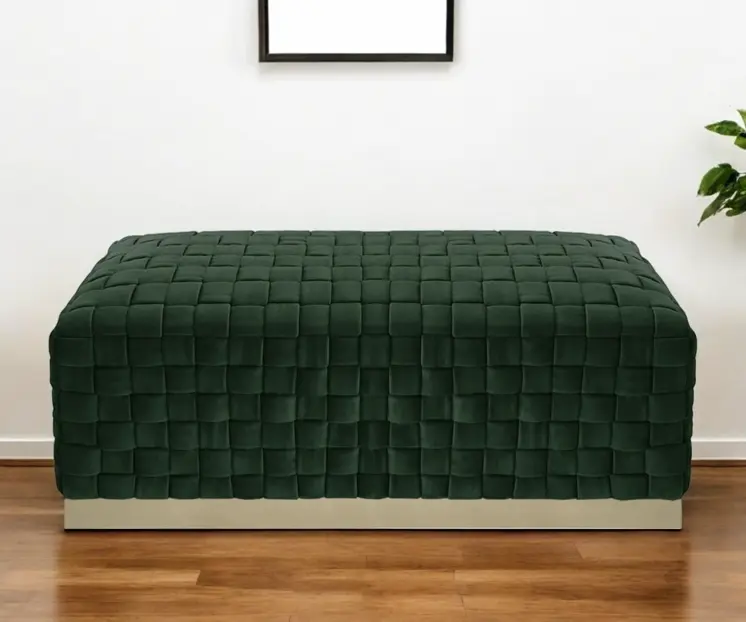 40" Hunter Green and Gold Velvet Upholstered Bench