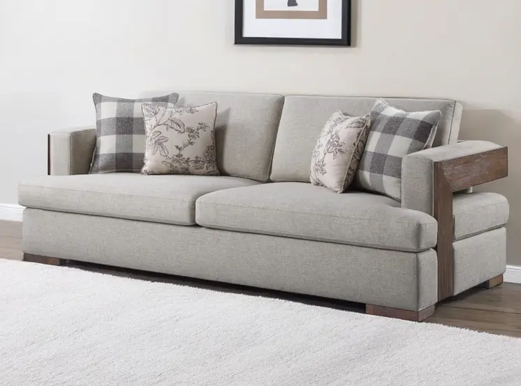 92" Beige Fabric Sofa And Toss Pillows With Brown Legs