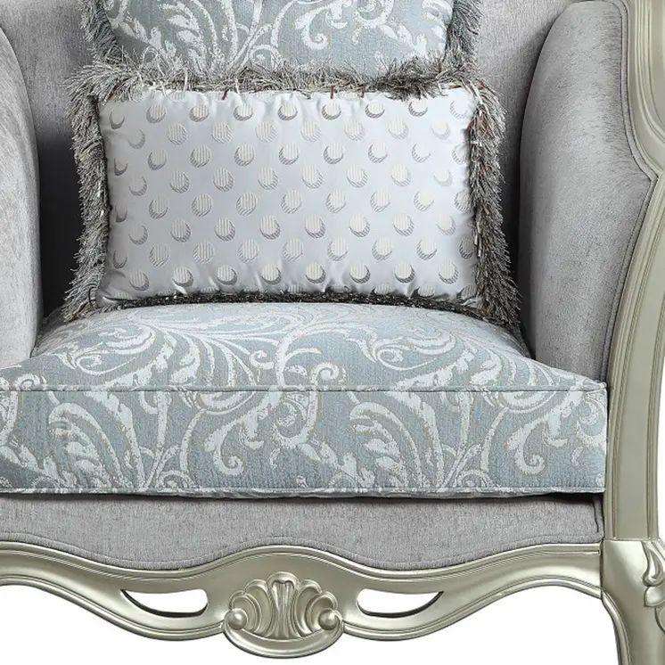 44" Light Gray and Champagne Linen Floral Arm Chair And Toss Pillows