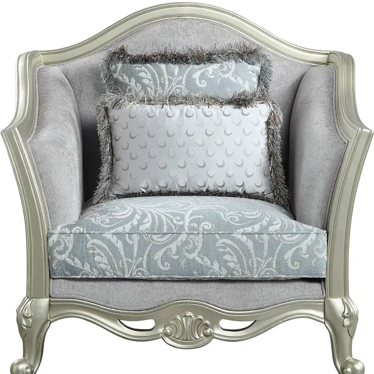 44" Light Gray and Champagne Linen Floral Arm Chair And Toss Pillows