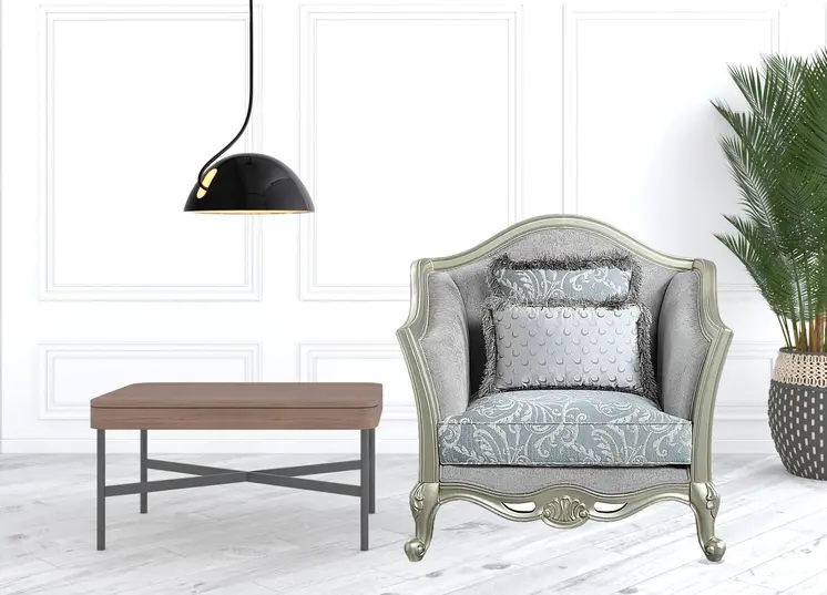 44" Light Gray and Champagne Linen Floral Arm Chair And Toss Pillows