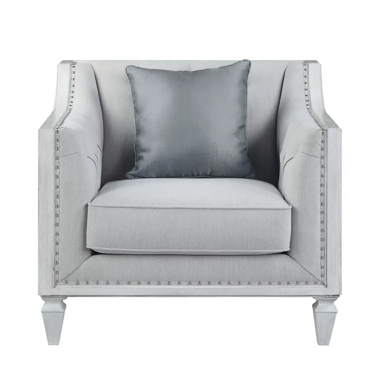 36" Light Gray and Brown Linen Tufted Distressed Club Chair And Toss Pillow