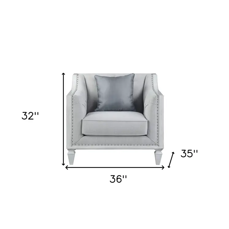 36" Light Gray and Brown Linen Tufted Distressed Club Chair And Toss Pillow