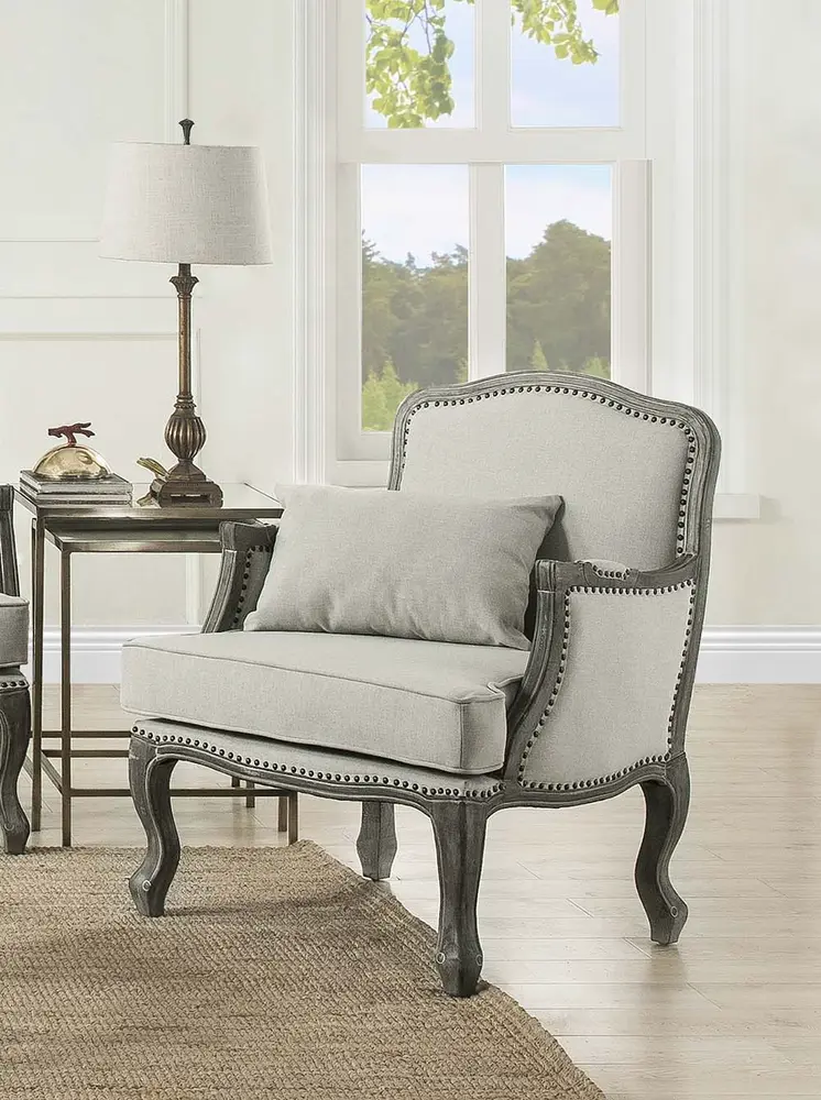 29" Cream and Brown Linen Arm Chair And Toss Pillow
