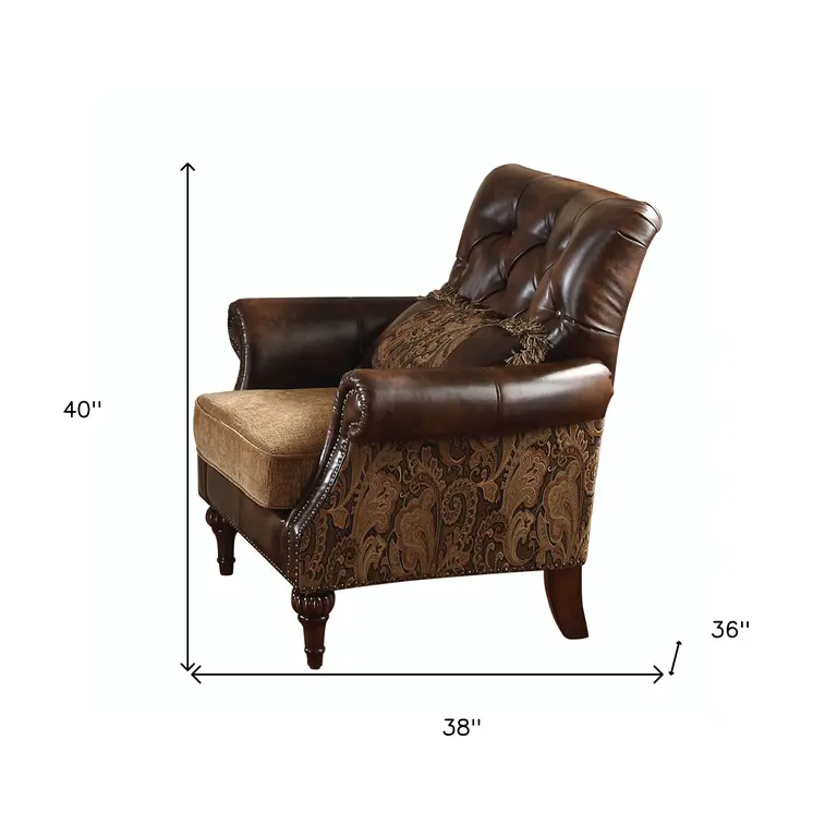 38" Brown and Black Faux Leather Floral Tufted Arm Chair And Toss Pillow