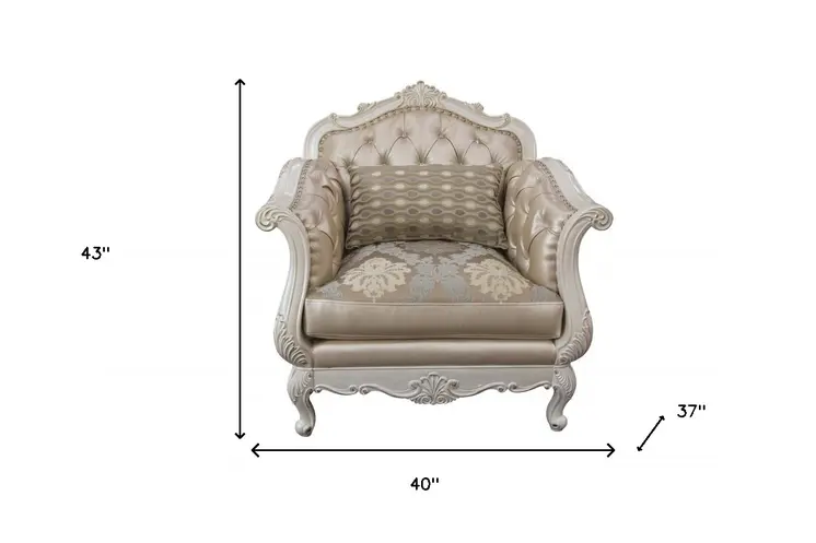 40" Beige and White Faux Leather Tufted Arm Chair And Toss Pillow