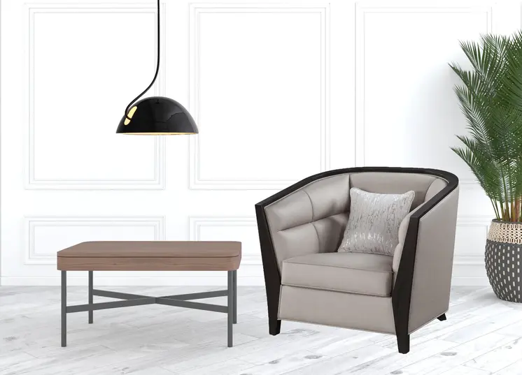 38" Beige and Black Fabric Barrel Chair And Toss Pillow