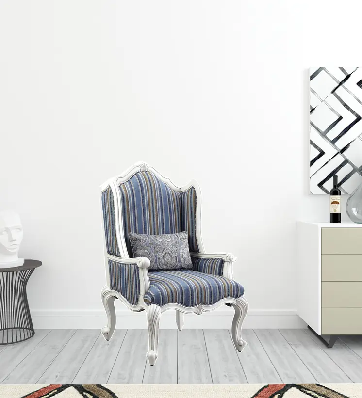 31" Blue and White Fabric Striped Wingback Chair And Toss Pillow