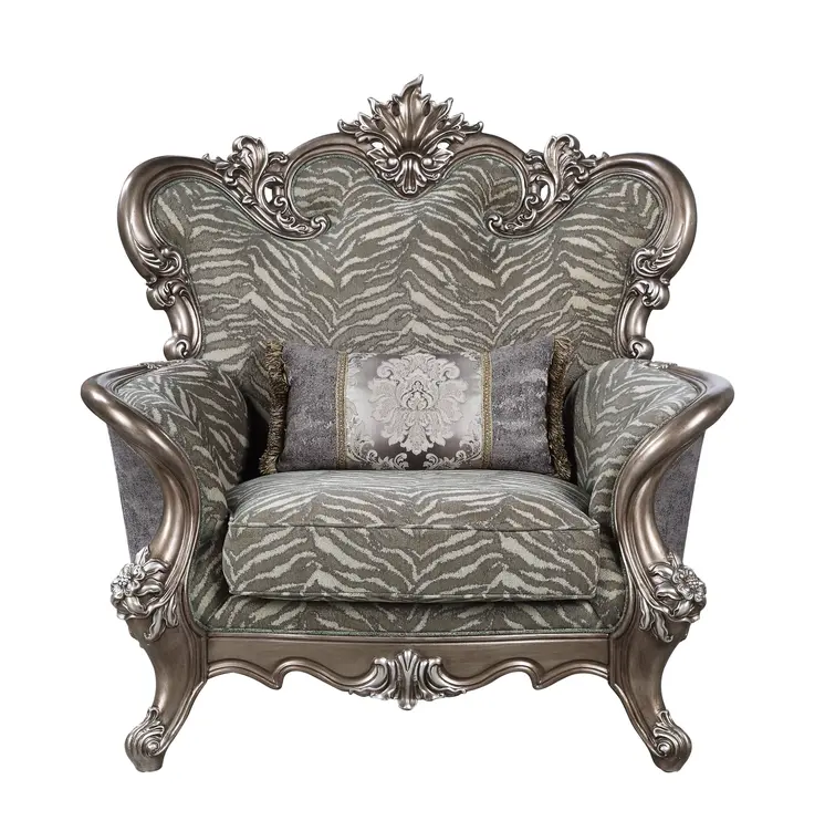 47" Gray and Antiqued Bronze Fabric Floral Tufted Wingback Chair And Toss Pillow