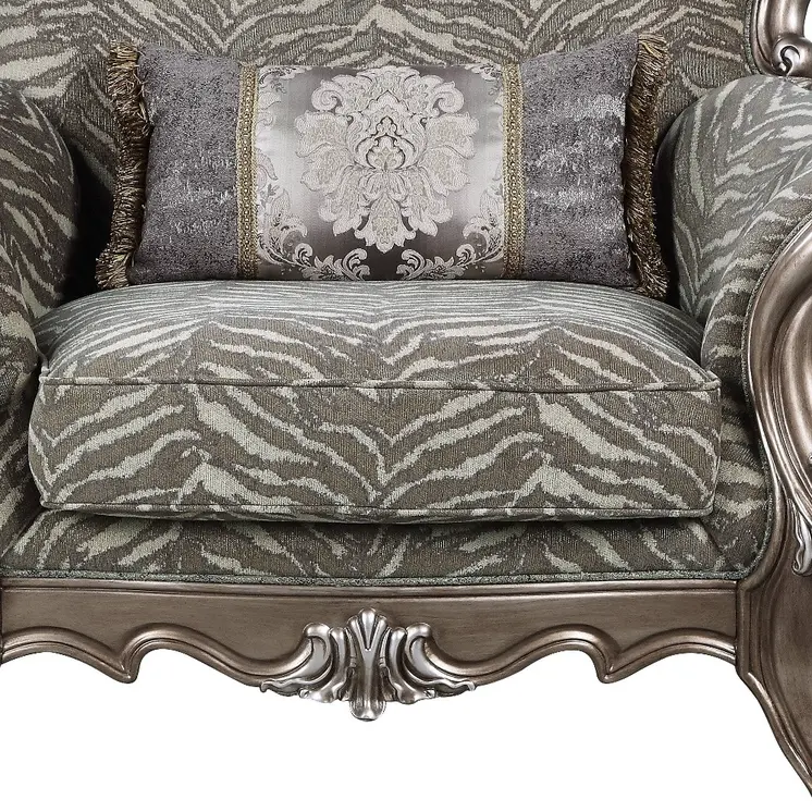47" Gray and Antiqued Bronze Fabric Floral Tufted Wingback Chair And Toss Pillow