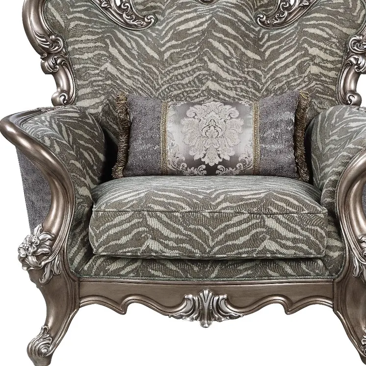 47" Gray and Antiqued Bronze Fabric Floral Tufted Wingback Chair And Toss Pillow