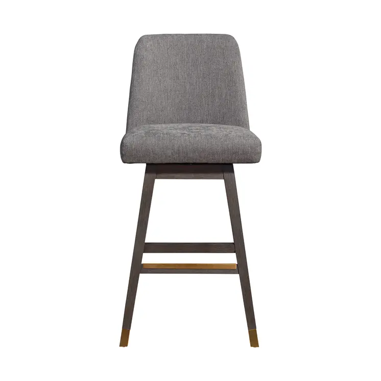 30" Gray and Brown Fabric and Solid Wood Swivel Bar Chair