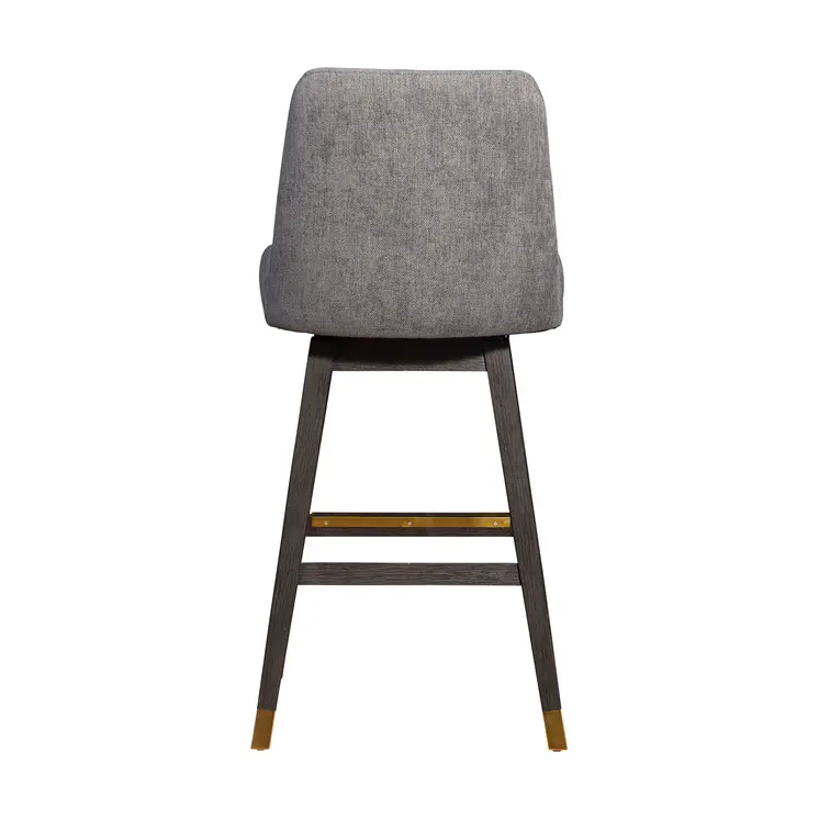 30" Gray and Brown Fabric and Solid Wood Swivel Bar Chair