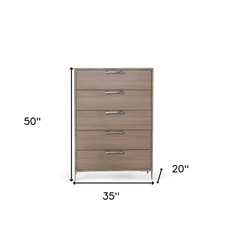 35" Brown Oak And Grey Solid And Manufactured Wood Five Drawer Chest