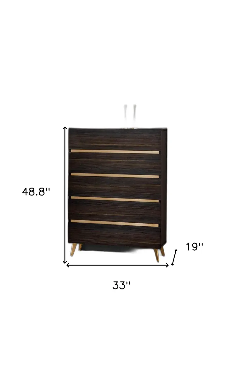 33" Drk Brown White Marble Manufactured Wood + Solid Wood Stainless Steel Five Drawer Chest