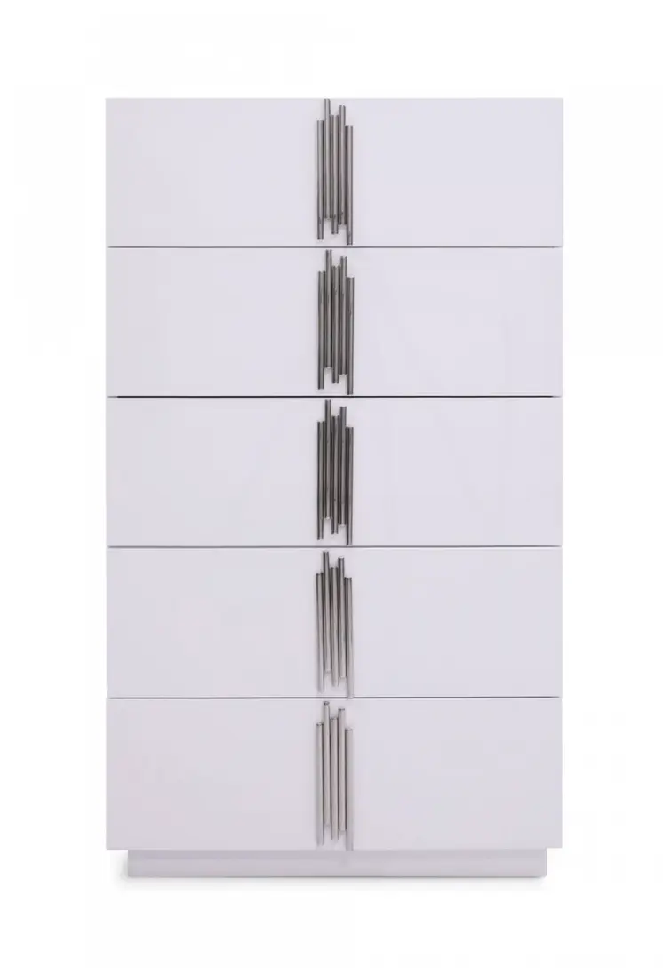 30" White Silver Manufactured Wood + Solid Wood Stainless Steel Five Drawer Chest