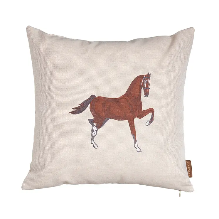 18" X 18" Beige Horse Animal Print Zippered Handmade Polyester Throw Pillow With Embroidery