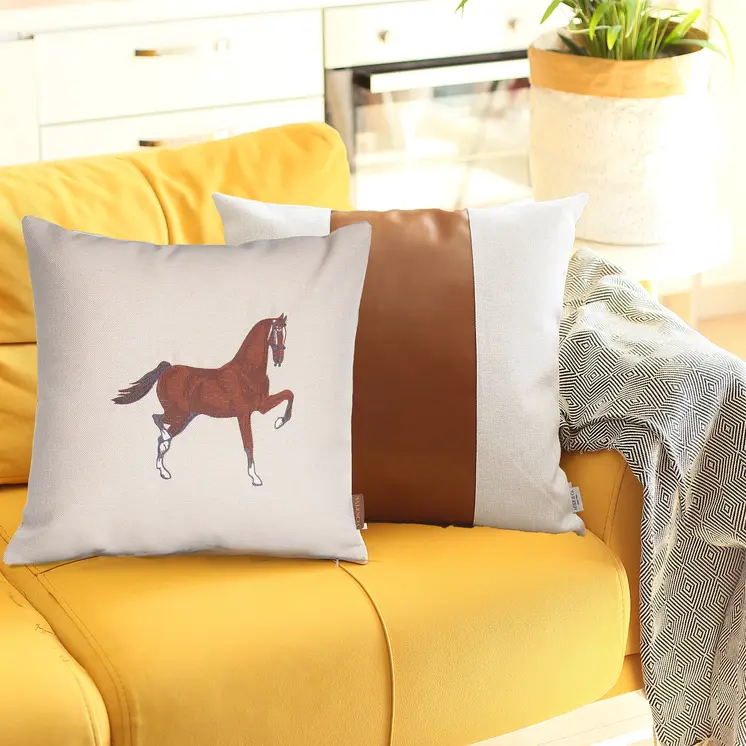Set of Two Beige and Brown Horse Color Block Fabric and Faux Leather Throw Pillows with Embroidery