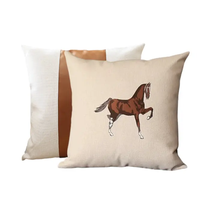 Set of Two Beige and Brown Horse Color Block Fabric and Faux Leather Throw Pillows with Embroidery
