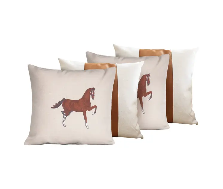 Set of Four Beige and Brown Horse Color Block Fabric and Faux Leather Throw Pillows with Embroidery