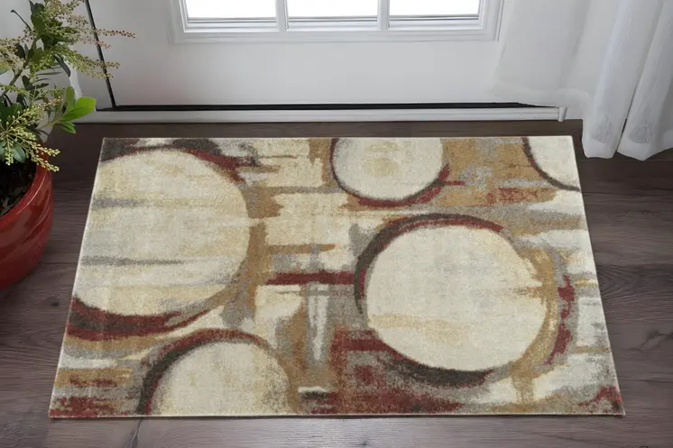 3' X 5' Brick Ivory And Gold Abstract Geometric Area Rug