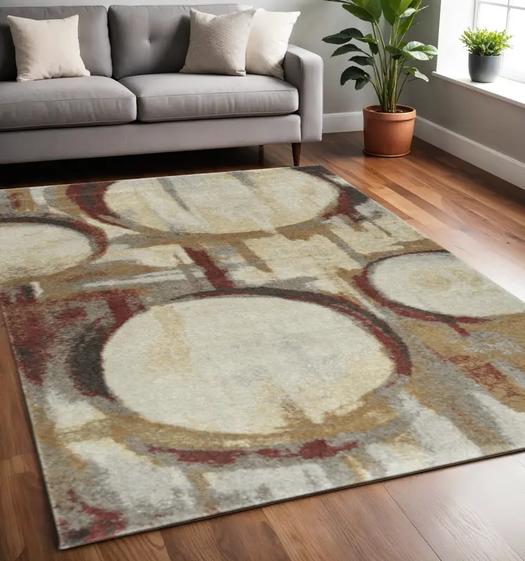 5' X 8' Brick Ivory and Gold Geometric Area Rug
