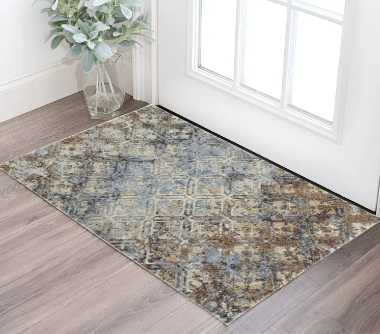 3' X 5' Brown Light Blue And Gray Distressed Diamond Area Rug