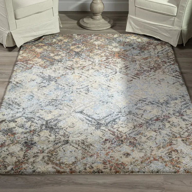 5' X 8' Brown Light Blue And Gray Distressed Diamond Area Rug