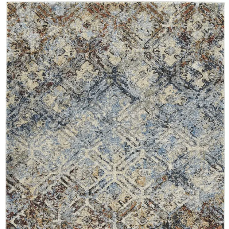 8' X 11' Brown Light Blue And Gray Distressed Diamond Area Rug