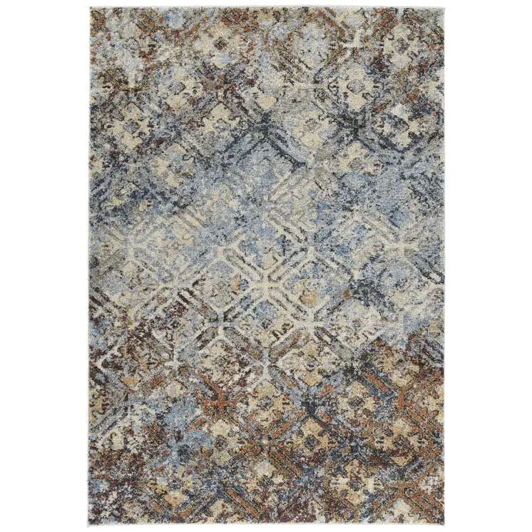 8' X 11' Brown Light Blue And Gray Distressed Diamond Area Rug
