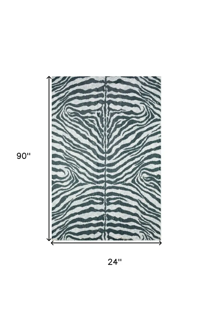 2' X 8' Grey Zebra Print Shag Handmade Non Skid Runner Rug