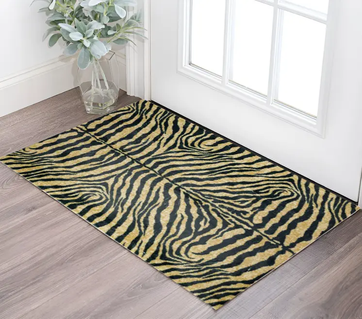 3' X 5' Black and Gold Animal Print Shag Handmade Non Skid Area Rug