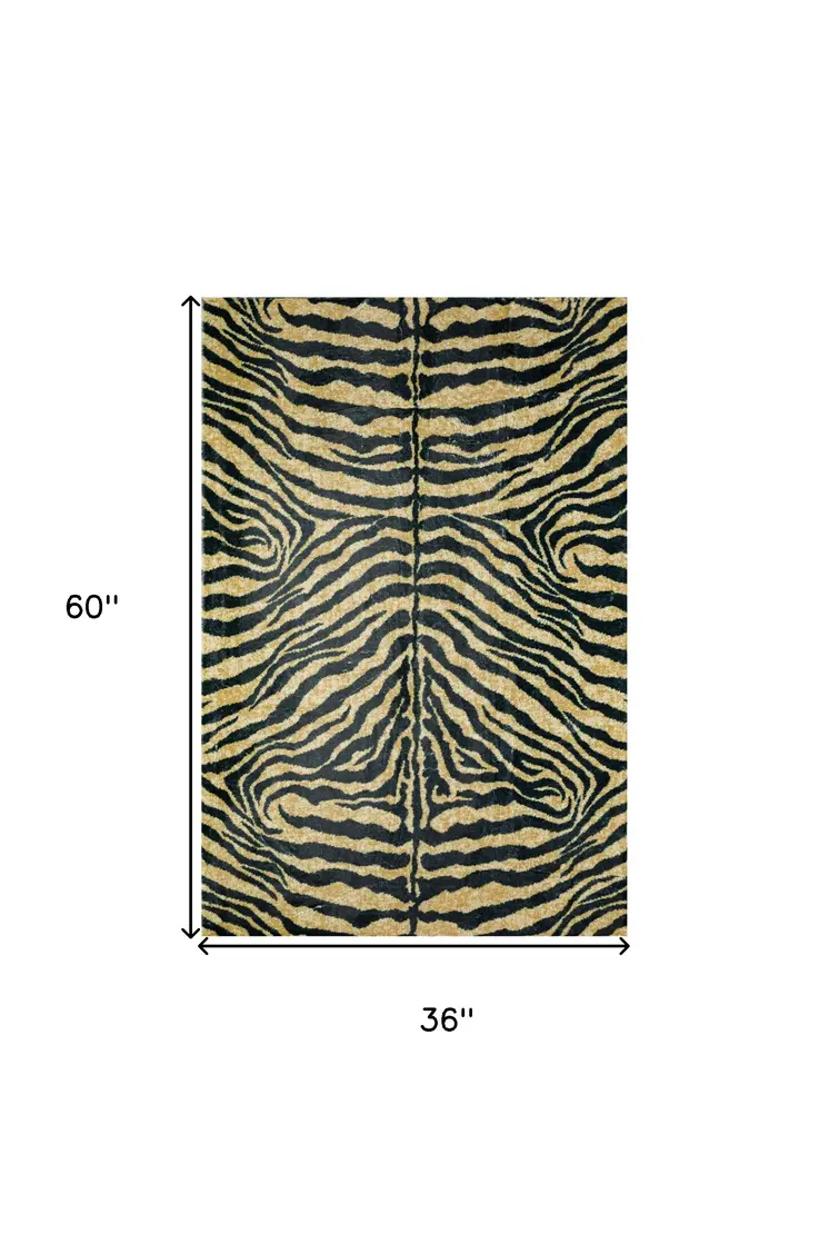 3' X 5' Black and Gold Animal Print Shag Handmade Non Skid Area Rug