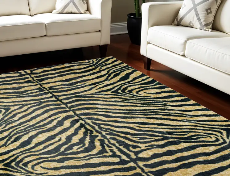 5' X 8' Black and Gold Animal Print Shag Handmade Non Skid Area Rug