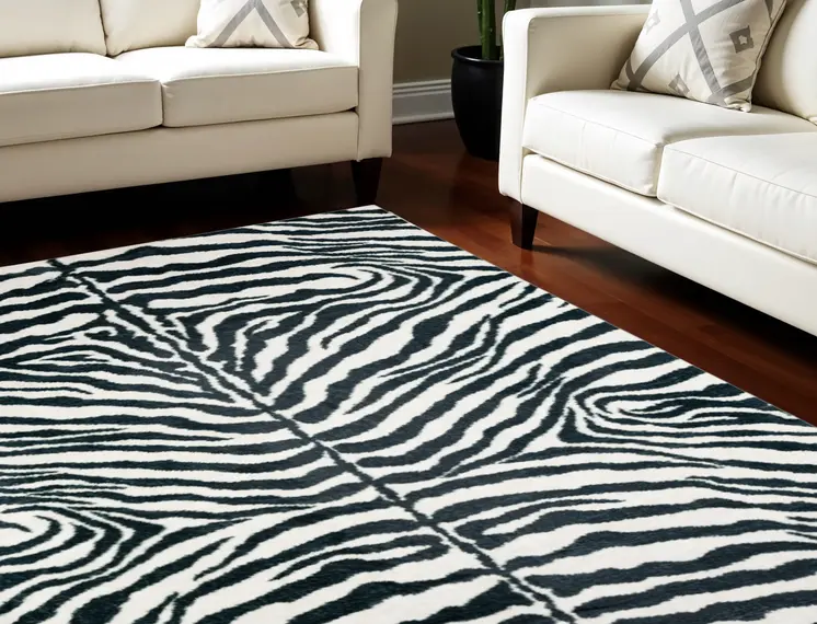 8' X 10' Black and White Zebra Print Shag Handmade Non Skid Area Rug