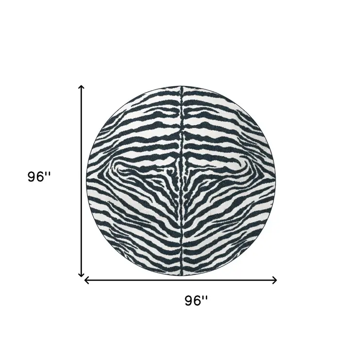 8' X 8' Black and White Zebra Print Round Shag Handmade Non Skid Area Rug