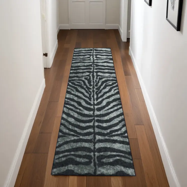2' X 8' Black and Gray Zebra Print Shag Handmade Non Skid Runner Rug