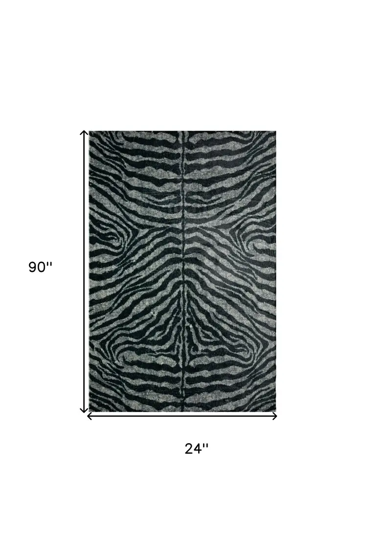 2' X 8' Black and Gray Zebra Print Shag Handmade Non Skid Runner Rug