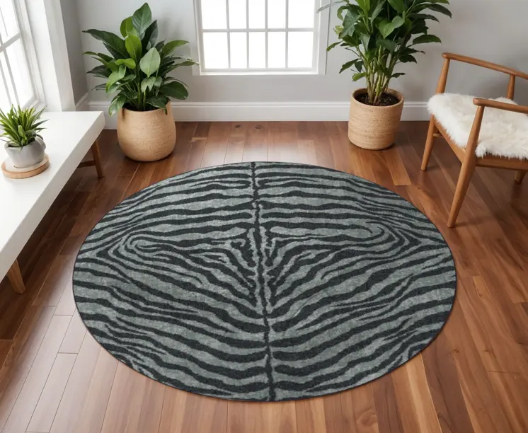 8' X 8' Black and Gray Round Zebra Print Shag Handmade Non Skid Area Rug