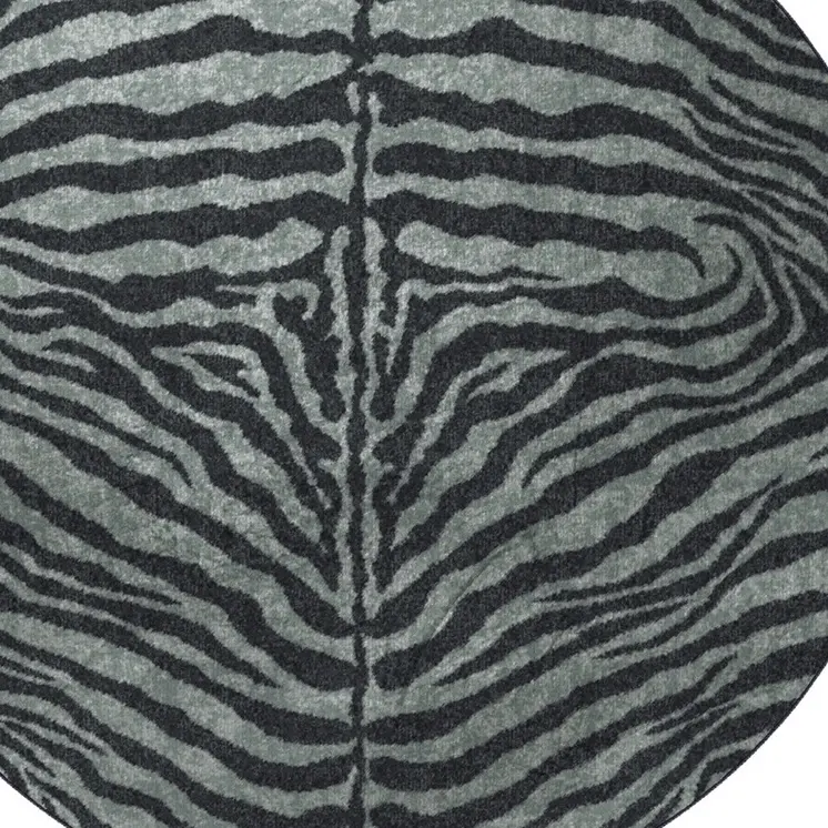 8' X 8' Black and Gray Round Zebra Print Shag Handmade Non Skid Area Rug