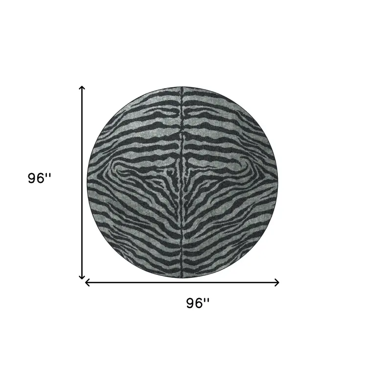 8' X 8' Black and Gray Round Zebra Print Shag Handmade Non Skid Area Rug