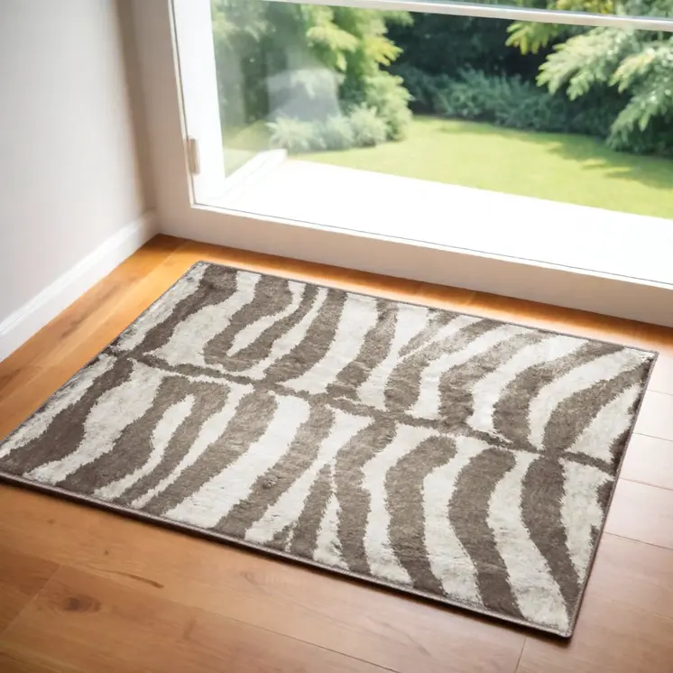 2' X 3' Mocha and Cream Zebra Print Shag Handmade Non Skid Area Rug