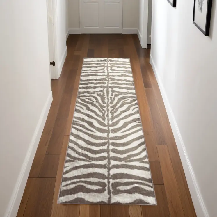 2' X 8' Mocha and Cream Zebra Print Shag Handmade Non Skid Runner Rug