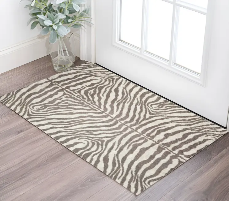 3' X 5' Mocha and Cream Zebra Print Shag Handmade Non Skid Area Rug