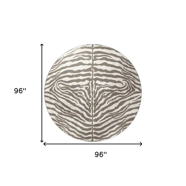 8' X 8' Mocha and Cream Round Zebra Print Shag Handmade Non Skid Area Rug