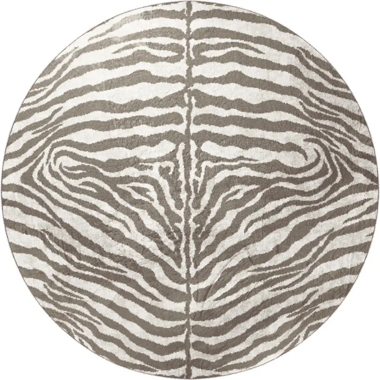 8' X 8' Mocha and Cream Round Zebra Print Shag Handmade Non Skid Area Rug