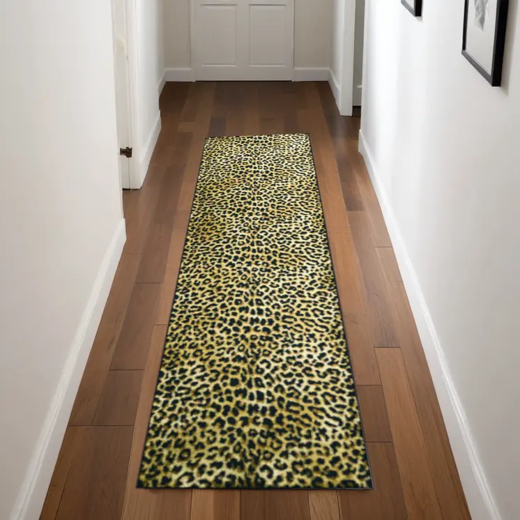 2' X 8' Black and Gold Leopard Print Shag Handmade Non Skid Runner Rug