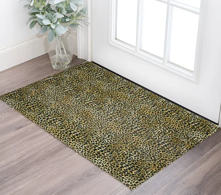 3' X 5' Black and Gold Leopard Print Shag Handmade Non Skid Area Rug
