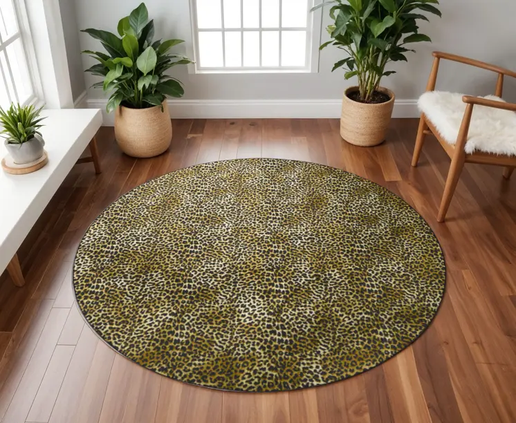 8' X 8' Black and Gold Round Leopard Print Shag Handmade Non Skid Area Rug